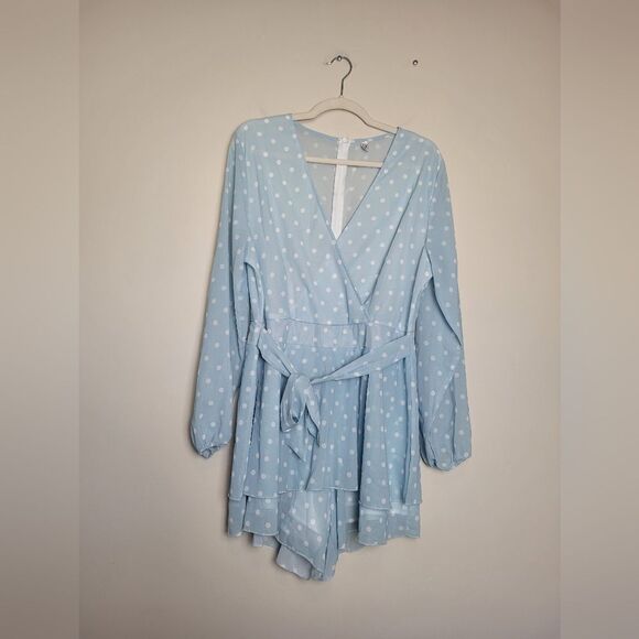 Blue Polka Dot Romper Jumpsuit White Frill Romantic Girly Date Night Coquette XL - Picture 2 of 8